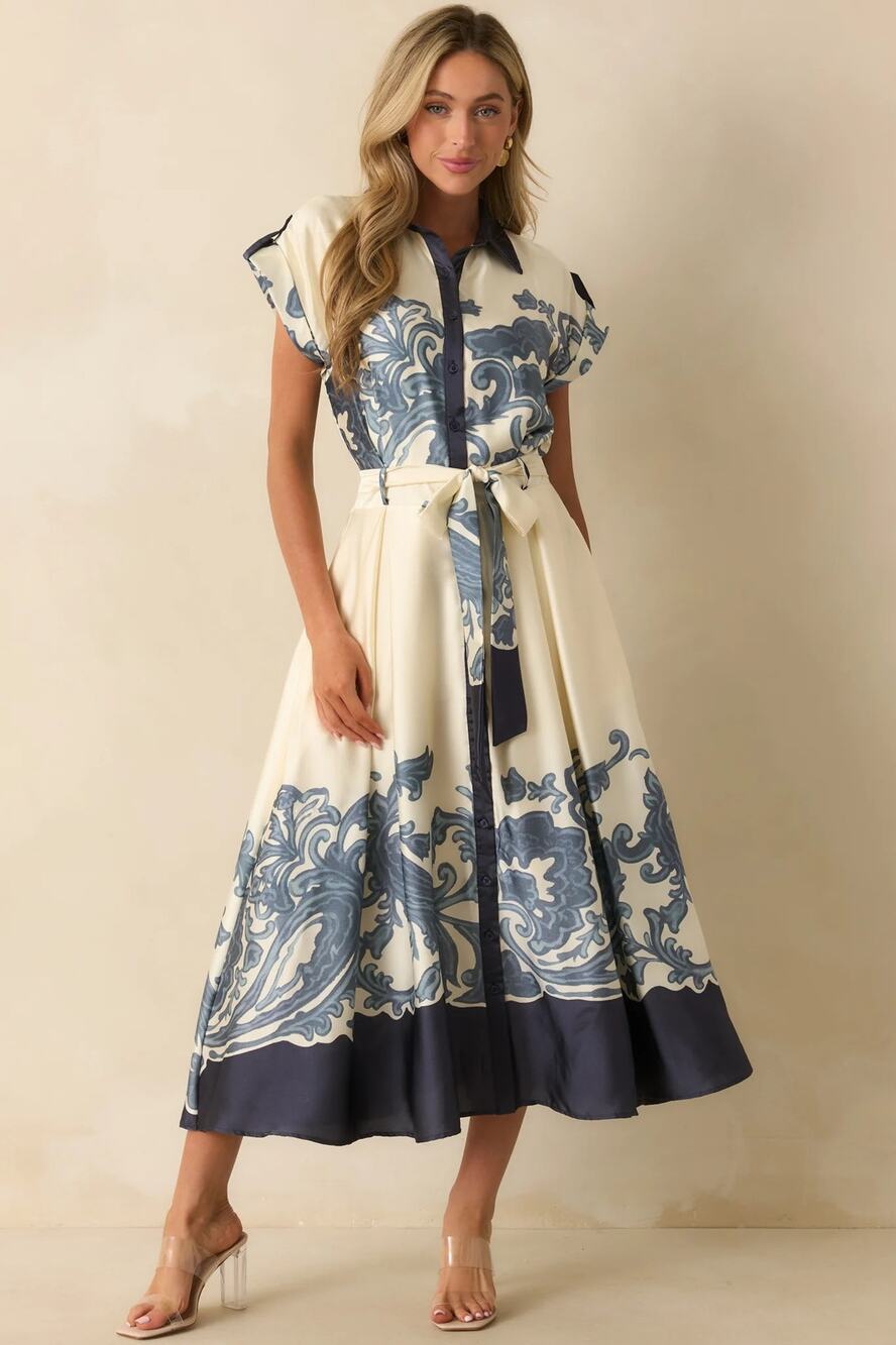 Cream and Blue Printed Midi Shirt Dress with Tie Waist